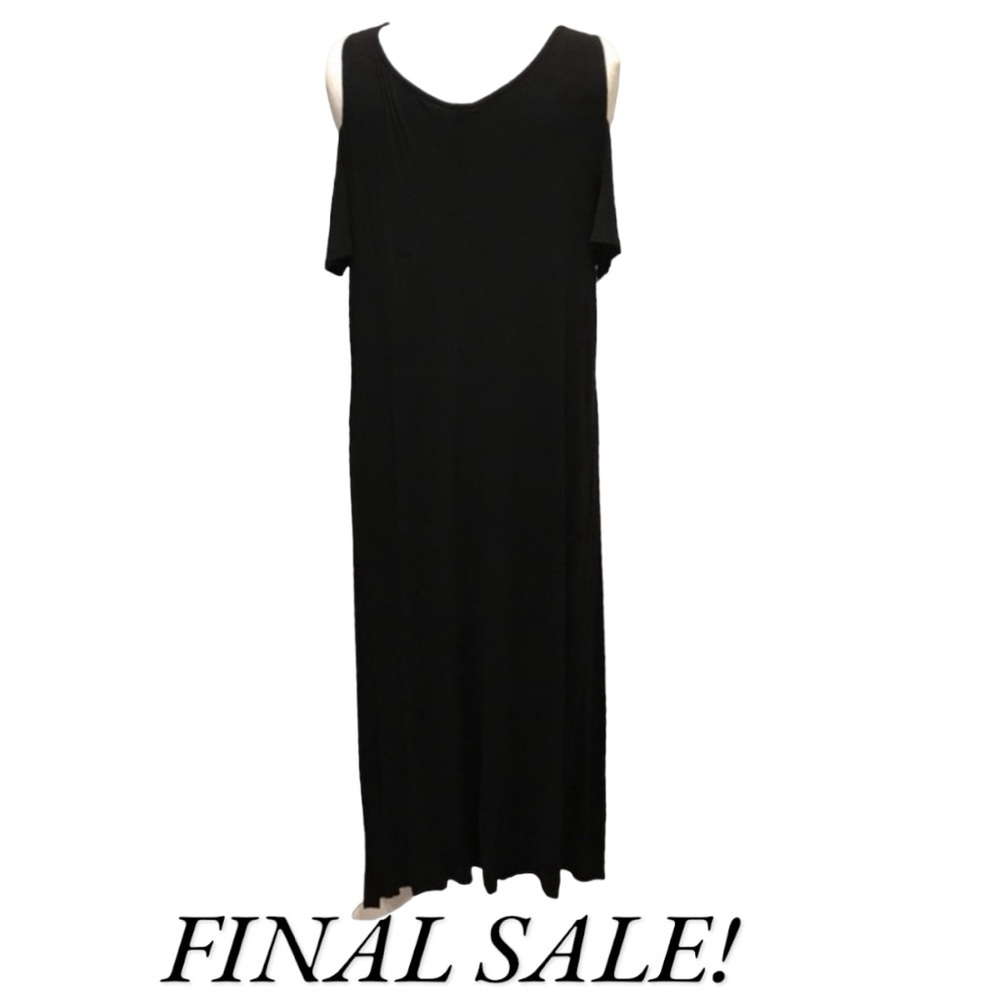 Lane Bryant black maxi dress cold-shoulder asymmetric stretch flowy hem 18/20